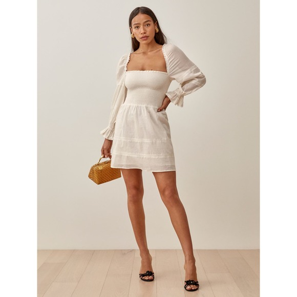 New Reformation Dunes Dress Cream Puff Long Sleeve Smocked Square Neck Mini Sz 4 - Picture 5 of 16
